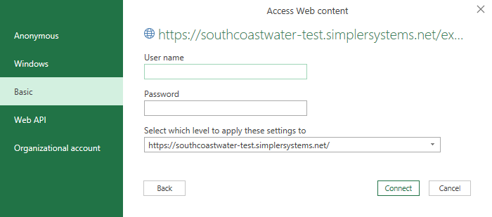 Excel From Web dialog