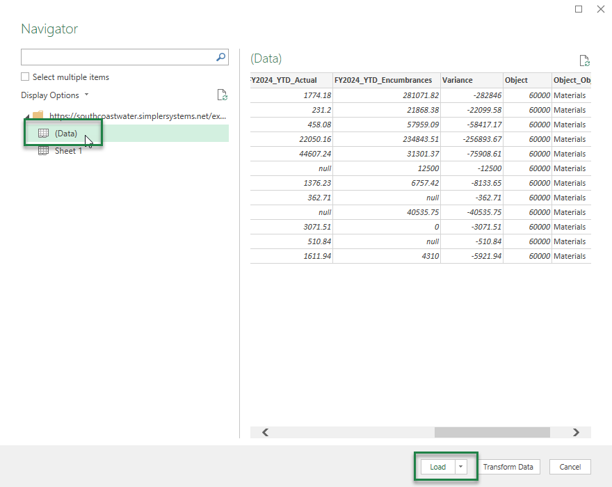 Excel Navigator dialog